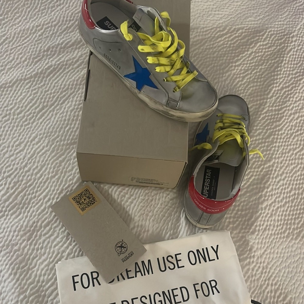 Golden Goose Silver with Blue Star and Neon Yellow Laces - Picture 4 of 9